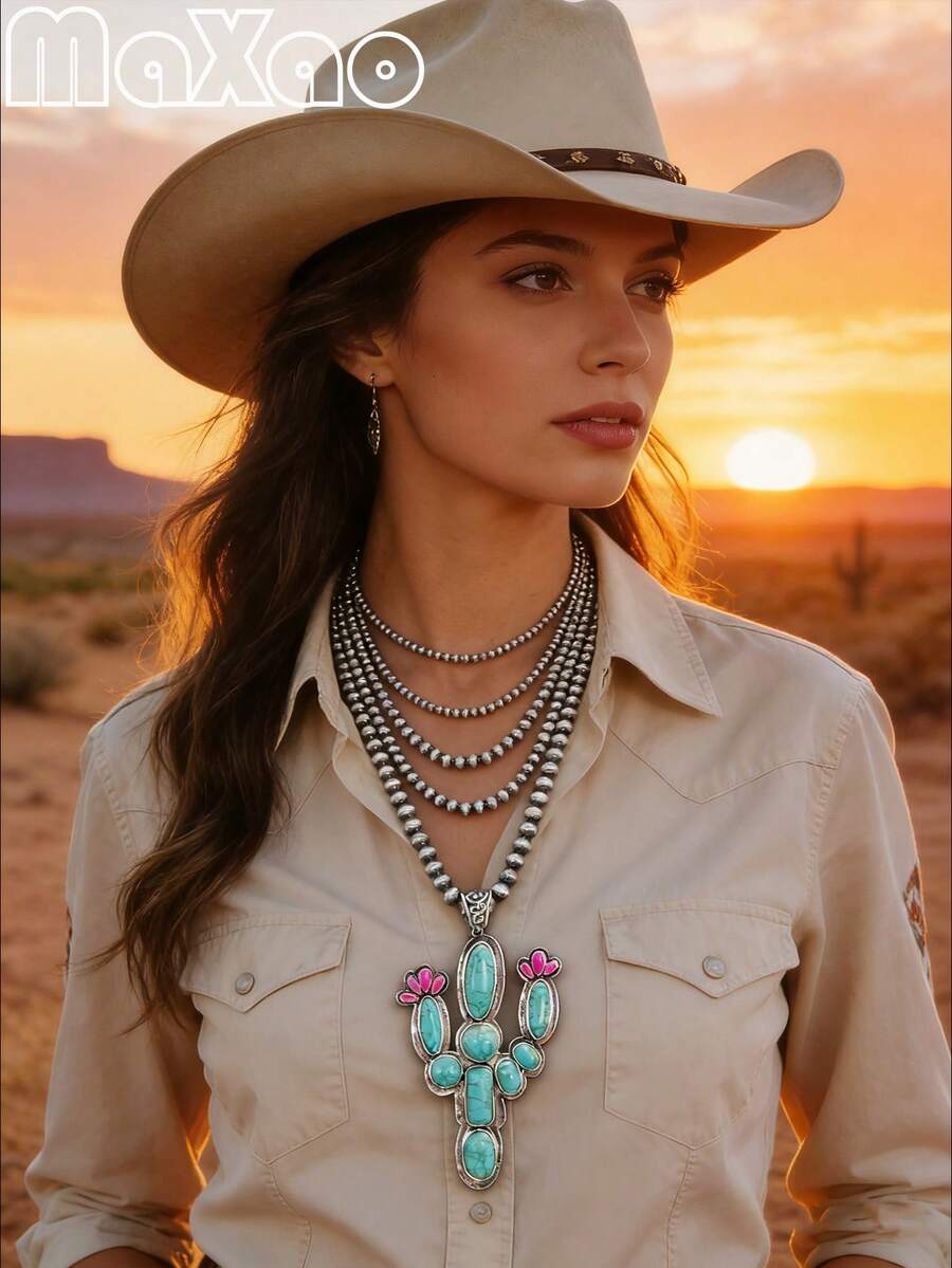 Gepersonaliseerde oversized cactushangerketting in western countrystijl voor dames (nieuw voor herfst/winter). Ingelegd met natuurlijke turkoois, meerlaagse parelketting, elke turkoois is uniek en vol, geschikt voor meerdere keren dragen. Combineert goed met jeans en casual T-shirts voor een modieuze look! Ideaal om zelf te kopen of cadeau te doen aan je beste vriendin. - Gepersonaliseerde, oversized cactushanger voor dames in westerse stijl - Bekijken 1