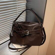 Women's Vintage Brown Faux Leather Hobo Bag, Large Capacity Soft PU Shoulder Purse With Buckle Detail & Contrast Stitching, Convertible Crossbody Bag For Work, Office & Fall/Winter Everyday Casual Use - Cà phê - Xem 3