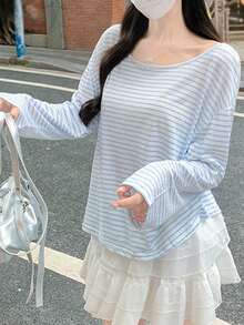 条纹轻薄系带长袖女式休闲宽松T恤（条纹随机） - 冰藍條 - 查看 2