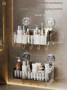 No Drill Suction Cup Bathroom Shelf, Wall Mounted Organizer Rack With Hooks For Toiletries - Multicolor - View 5