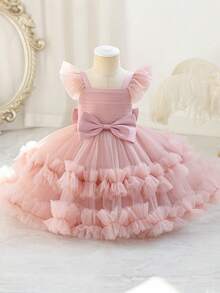 Baby Girls' Cap Sleeve Bow Tulle Burgundy Holiday Party Elegant Cute Princess Dress, Suitable For Baby Girl's 1st Birthday Gift, Banquet, Evening Party, Special Occasion, Festival Celebration - Pink - View 3