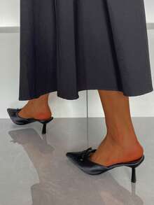 2026 Spring New Elegant French Style Black Bow Pointed Toe Thin Heel Mule Slip-On Sandals, Versatile High Heels For Commuting, Dating, Daily Wear - Black - View 10