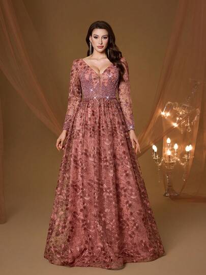 Đầm maxi dài tay cổ chữ V màu nâu cà phê thêu hoa Mgiacy, kiểu dáng thanh lịch dành cho nữ mùa hè, thích hợp cho dạ hội, tiệc tối, tiệc tùng và lễ hội.