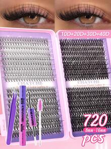 720PCS Super High-Volume DIY Clusters False Individual Lash Eyelashes Extensions Kit, D Curl 10D+20D+30D+40D/50D+60D+80D+100D Mixed Style Lashes Set With Lash Bond&Seal Lash Tweezers And Brush, 8-16mm Large-Capacity Cluster Fake Eyelashes, Suitable For Self Application At Home Daily Wear - Lilac Purple - View 16