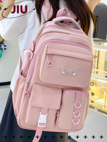 Multi-Compartment Preppy Nylon Backpack Women Purse; Can Hold A 15.6-Inch Business Laptop Backpack; Lightweight School Bag With Multiple Pockets; Large-Capacity Travel Bag; Multi-Functional Book Bag; Convenient Commuter Day Bag For Student