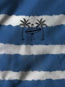 Plus Size Men's Fashionable White & Striped Ombre Print Short Sleeve T-Shirt, Casual Contrast Color Tee With Palm Tree Logo, Versatile For Daily Wear And Workout, Summer - Multicolor - View 7