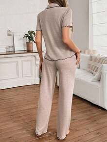 Lazeform Casual Loose Relaxed Soft Drapey Lightweight Summer Knit Khaki 2PC Set Women - Ruffle Trim Short Sleeve Top & Pants - 深灰色 - 查看 1