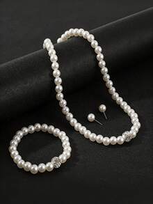 4pcs Elegant Minimalist Faux Pearl Jewelry Set, Sparkling Crystal Embellished Necklace, Bracelet, Earrings, Suitable For Daily, Party, Wedding Occasions, Gift (No Box) - White - View 2