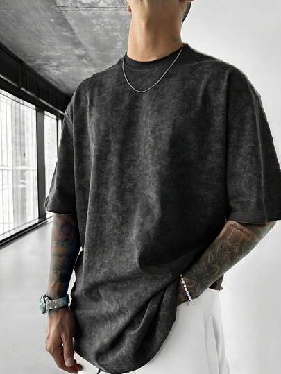 男士复古简约纯色水洗短袖T恤，舒适透气，适合夏季穿着，引领时尚潮流