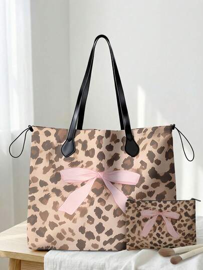 豹纹蝴蝶结装饰轻便手提包，带化妆包，适合购物、旅行和海滩，是理想的礼物，大容量女士手提包