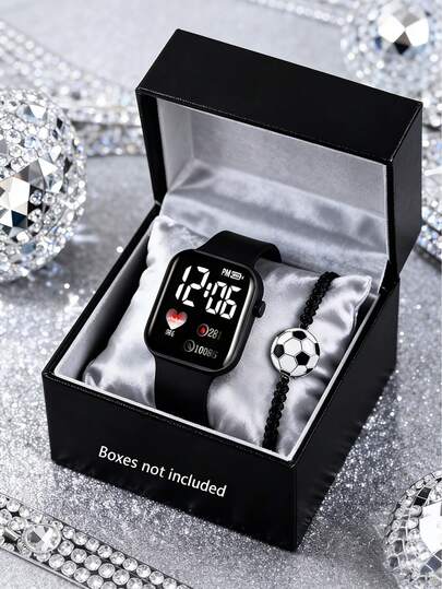 2Pcs Women's Watch Fashion Leisure Sports LED Digital Display Electronic Watch, Paired With Fashion Football Bracelet, Suitable For Women's Daily Wear, Vacation, Travel, Party Decoration, Birthday/Festival Gift, Perfect Gift For Women On Valentine's Day