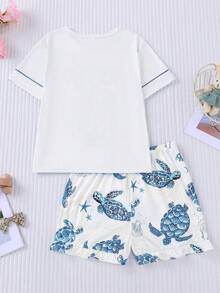 2件組青少年女孩睡衣套裝，夏季新款圓領短袖鬆緊腰短褲居家服，卡通海龜印花圖案，舒適短袖休閒睡衣居家服，適合兒童與青少年，日常穿著與派對，兒童禮品套裝 - 白色 - 查看 2