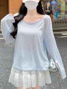 条纹轻薄系带长袖女式休闲宽松T恤（条纹随机） - 冰藍條 - 查看 4