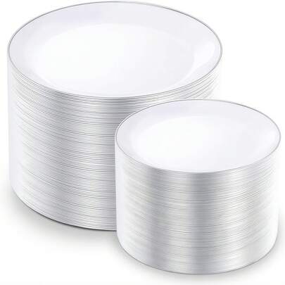 50/25/12/2pcs White Base Silver Rim Plate Set, Includes 7.5" Cake Plate, 10.25" Dinner Plate, 2 Sizes, Reusable And Easy To Clean. Suitable For Most Occasions: Wedding Decor, Birthday Party, Family Gathering, Outdoor Team Building, School Events, Picnic, BBQ, Restaurant And Home Party Decoration