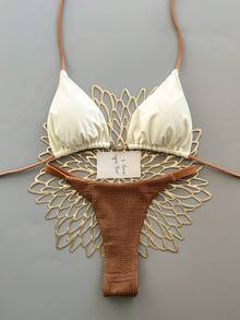 2件套休闲可爱优雅性感波西米亚风花卉系带编织比基尼泳衣，海滩度假，春夏 - 棕色 - 查看 1