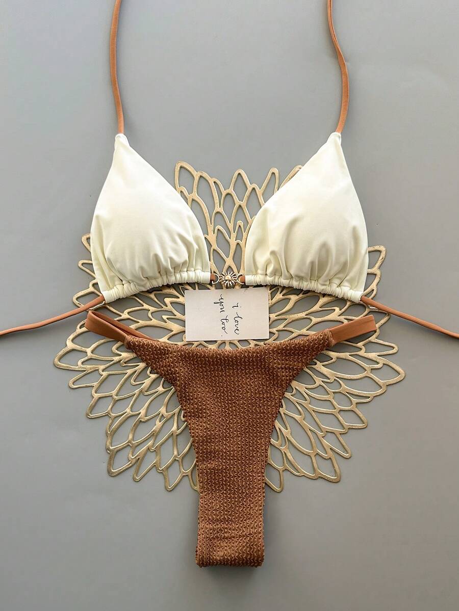 2件套休闲可爱优雅性感波西米亚风花卉系带编织比基尼泳衣，海滩度假，春夏 - 棕色 - 查看 1