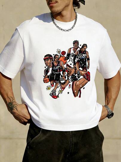 Fractyr Fractyr Men's Basketball Player Graphic Print Casual Loose Fit Short Sleeve T-Shirt, Fashionable Streetwear Sports Cotton Tee For Summer