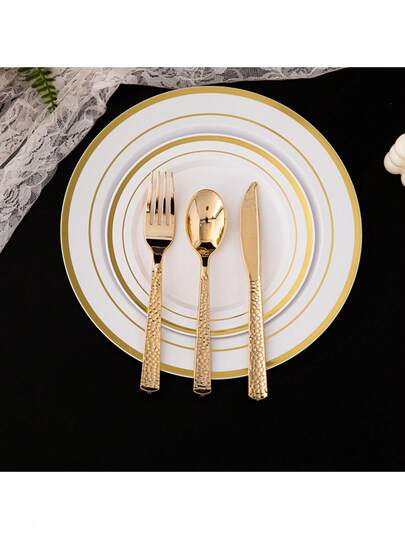 150/75/50/25/10pcs Set Gold Hammered Flatware Set, Includes Knives, Forks, Spoons, Suitable For Weddings, Birthdays, Graduations, Anniversaries, Parties, Convenient Dining