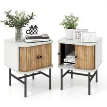 Set Of 2 Nightstand Compact Modern End Side Table W/ Sliding Doors - Default - View 1