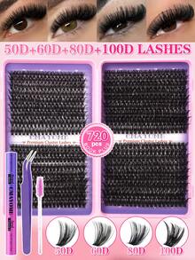 720PCS Super High-Volume DIY Clusters False Individual Lash Eyelashes Extensions Kit, D Curl 10D+20D+30D+40D/50D+60D+80D+100D Mixed Style Lashes Set With Lash Bond&Seal Lash Tweezers And Brush, 8-16mm Large-Capacity Cluster Fake Eyelashes, Suitable For Self Application At Home Daily Wear - Lilac Purple - View 6