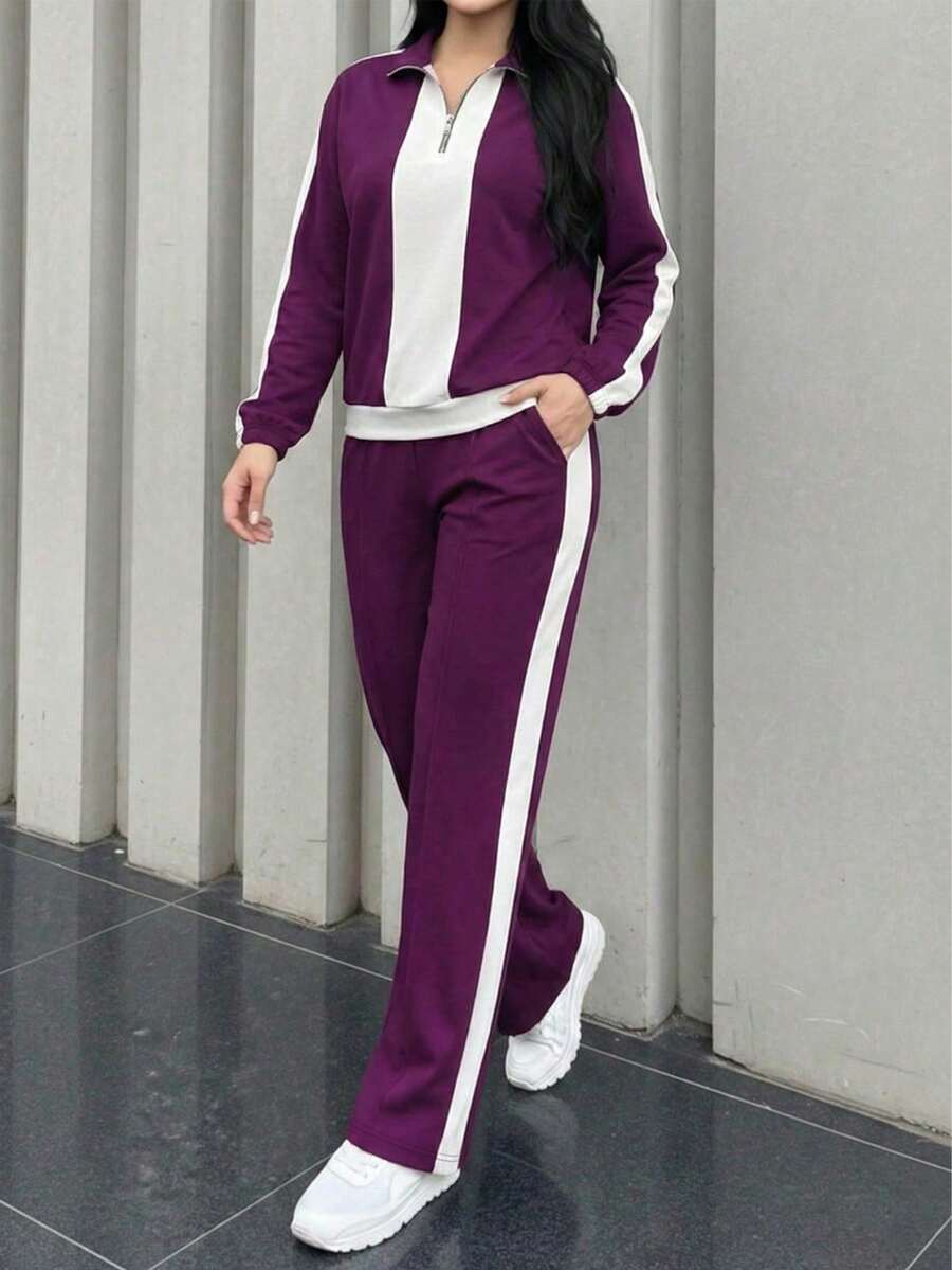 女士休闲纯色简约圆领长袖上衣，搭配女士休闲纯色简约立领长袖上衣，适合春秋季穿着。 - 紫色34 - 查看 1