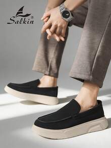 Salkin 男士设计师乐福鞋，柔软绒面革鞋面，套脚款式，圆头设计，莫卡辛鞋，优雅绅士运动鞋，纯色，防滑厚底，适合休闲、约会、派对、节日送礼，春夏秋季皆宜。注意：尺码偏小，建议选购大一码。 - 黑色 - 查看 2
