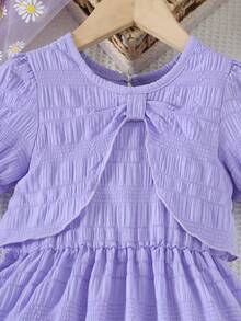 女童休闲泡泡袖公主裙，宽松飘逸长款连衣裙，简约时尚，适合春夏穿着 - 紫丁香色 - 查看 3