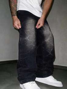 男士休闲宽松直筒牛仔裤，做旧水洗牛仔裤，街头风，四季皆宜 - 黑色 - 查看 1