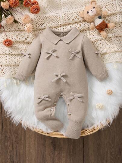 New Arrival Baby Girls' Korean Style Bow Knitted Romper, Infant Collegiate Jumpsuit, Suitable For Casual, Vacation, Spring, Autumn, Winter