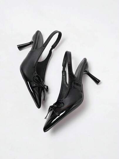 2026春夏新款黑色漆皮高跟鞋女鞋蝴蝶结尖头低帮细高跟凉鞋