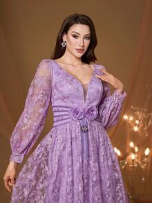 Đầm dạ hội nữ Mgiacy màu tím oải hương ren thêu hoa, cổ chữ V, tay phồng, dáng chữ A, thanh lịch, thích hợp dự đám cưới, dạ hội và các dịp hè. - Màu tím hoa cà - Xem 4