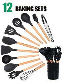 12pcs Silicone Kitchen Utensil Set With Holder, Heat Resistant Cooking Utensils For Nonstick Cookware, Black Wooden Handle Kitchen Tool Set, Father's Day Gift - Black - View 11