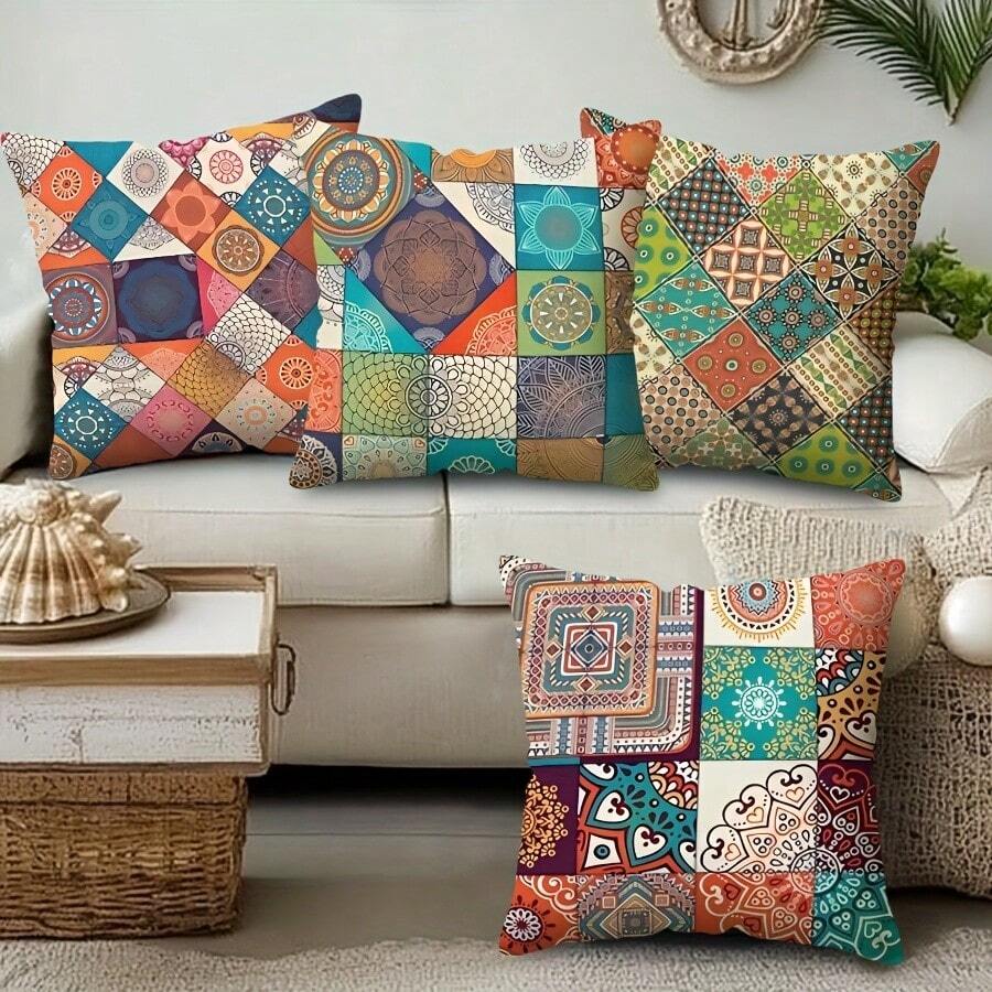1/4pcs Bohemian Style Throw Pillow Cover, Square Cushion Cover, Suitable For Sofa/Bed, Single-Sided Design, Pillow Insert Not Included - A - View 1