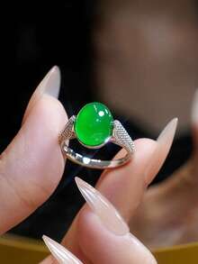 1枚中国风仿绿玛瑙玉石开口戒指，时尚高端可调节戒指，轻盈奢华优雅，适合女士日常及节日佩戴 - 白金 - 查看 1
