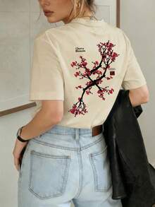 Women's Round Neck Cherry Blossom Print Short Sleeve Casual Versatile T-Shirt - Apricot - View 1