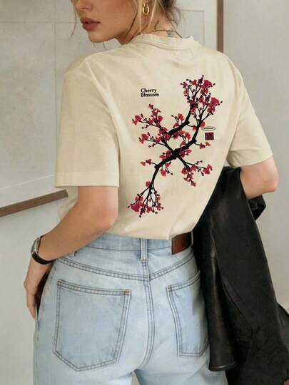 Women's Round Neck Cherry Blossom Print Short Sleeve Casual Versatile T-Shirt