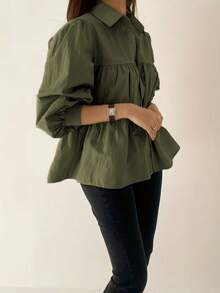 Women's Solid Color Woven Fabric Front Button Casual Elegant Minimalist Long Sleeve Shirt Blouse, Versatile For Daily, Vacation, Office, Travel, Airport, Spring/Summer/Autumn/Winter, Christmas, Thanksgiving And Other Holidays, Outdoor, Ceremony, Birthday - Army Green - View 6