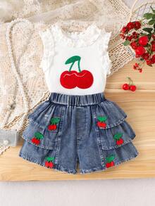 2pcs Girls Vintage Cute Cherry Embroidered Ruffle Trim Tank Top + Denim Skirt Outfit, Summer - White - View 1