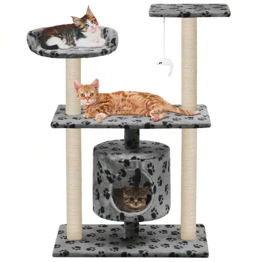 vidaXL 95 cm grauer Kratzbaum für Katzen mit Pfoten-Aufdruck - Gris - Voir 1