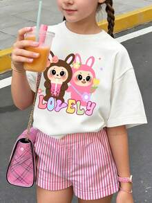 Tween Girls' Cartoon Graphic Print Loose Fit Drop Shoulder Short Sleeve T-Shirt - White - View 1