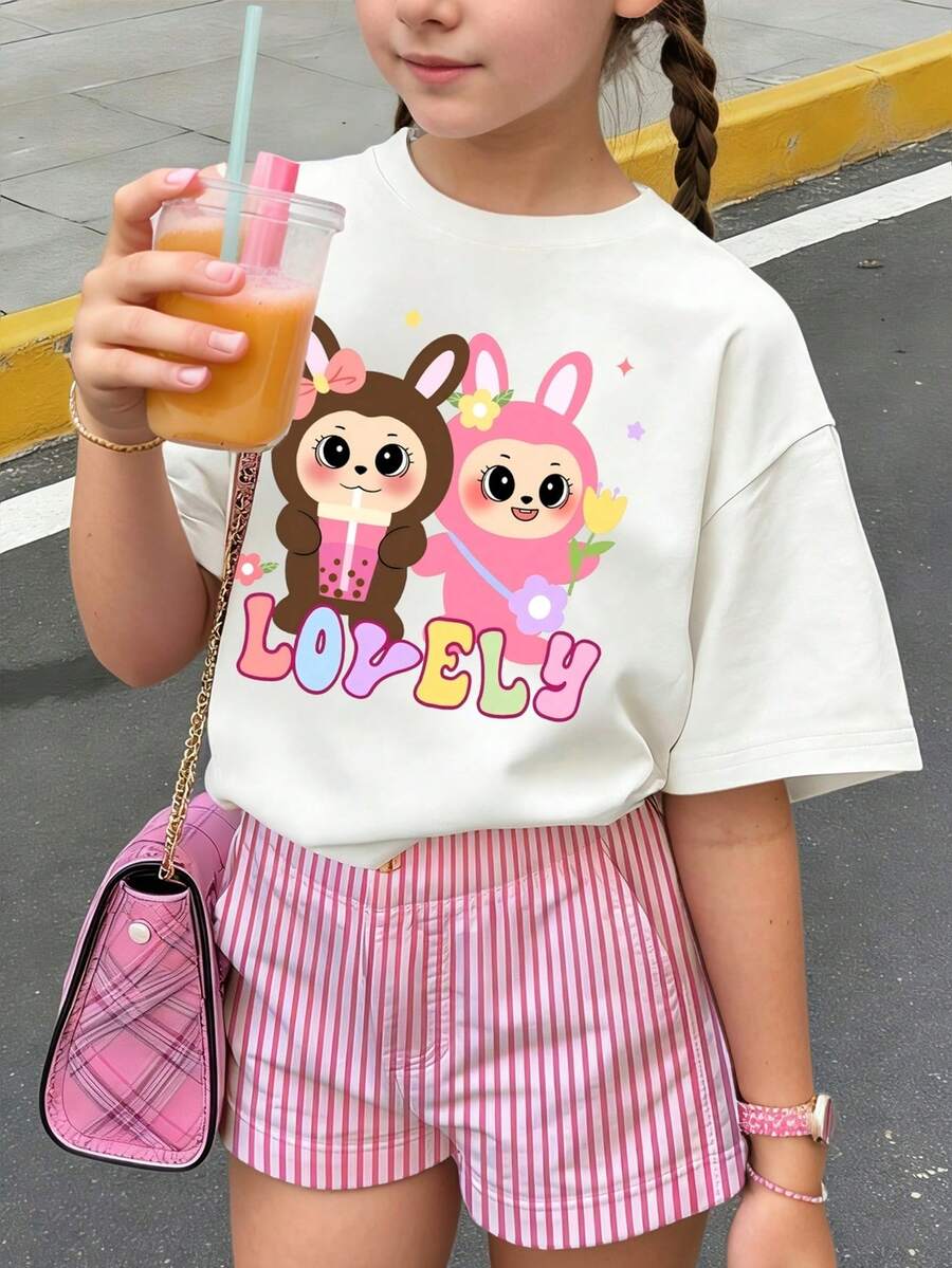 Tween Girls' Cartoon Graphic Print Loose Fit Drop Shoulder Short Sleeve T-Shirt - White - View 1