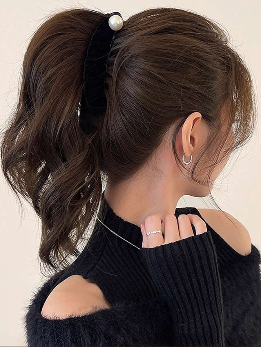 黑色天鹅绒珍珠香蕉夹，复古优雅百搭高端竖款发夹，奢华发饰 - 黑與白 - 查看 1