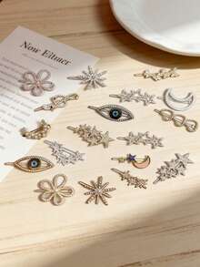 1件装热门！闪亮钻石发夹套装，星月花朵侧夹，奢华星月发夹，闪亮钻石刘海侧夹，斋月开斋节星月发夹，奢华闪亮水钻头巾侧夹，女士 - 彩色 - 查看 2