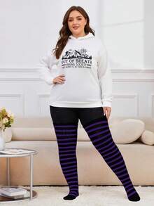 Plus Size Thigh High Socks For Women Knit Cotton Extra Long Striped Over The Knee High Socks Leg Warmers - 黑紫色 - 查看 5