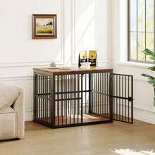 Modular Dog Crate Cabinet With 3 Doors, TV Stand Or 2-In-1 Bedside Table, Waterproof Board, Combinable System, External Dimensions 84x56x66 Cm In Retro Brown - Black - View 4