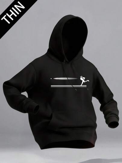 Men's Hooded Sweatshirt, Lightweight And Breathable For All Seasons, With Drawstring Hood And Kangaroo Pocket. The Sweatshirt Features A Fun Baseball Player Silhouette Print, Keeping You Dry And Comfortable During Baseball Training, Gym Workouts, Or Outdoor Running. Suitable For Both Sports And Casual Occasions, Whether Going Out Or Relaxing At Home.