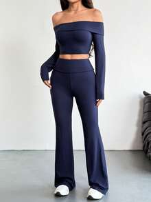 VENORA Women's Sexy Casual Off The Shoulder Crop Top & Flare Pants Two Pieces Outfit, Medium Stretch Long Sleeve Co-Ord Set For Fall - Navy Blue - View 5