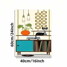 Framed 2D Flat, 1pc Mid-Century Modern Retro 60s/70s Vinyl Record Player & Black Cat Wall Art - Turquoise Blue & Mustard Yellow Gallery-Wrapped Canvas Print, Ready-To-Hang /Outdoor Farmhouse Decor For Living Room, Bedroom, Music Studio, 2D Flat - Framed - 查看 5