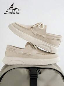 Salkin 设计师男士德比鞋系带柔软仿麂皮鞋，时尚实惠的品牌感觉，舒适的圆头乐福鞋，优雅的绅士运动鞋，纯色防滑耐用厚底，休闲日常穿着，情侣装，约会装，派对装，节日礼物，春夏秋装，尺码偏小，请订购大一码 - 米色 - 查看 7