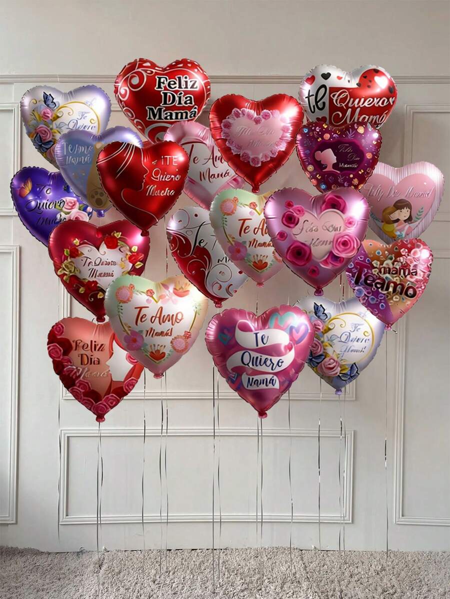 10pcs 18-Inch Random Spanish Mother's Day Heart Foil Balloons, 18-Inch "I Love You Mom" Balloons For Mother's Day Birthday Party Decorations, Mother's Day Gifts, Mother's Day Decorative Balloons - Multicolor - View 1